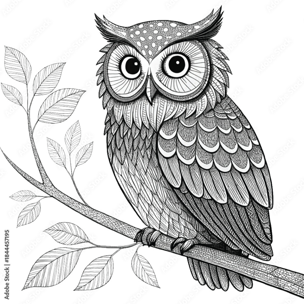 Fototapeta premium A black and white line art illustration of a Funny Flying Owl