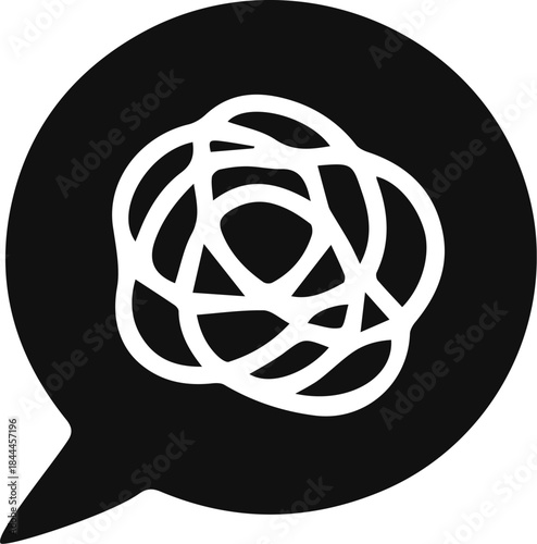Black confused thoughts speech bubble icon. Vector speech bubble icon with tangled lines.