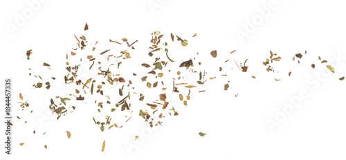 Dried oregano leaves flying, isolated on white background, clipping path, macro