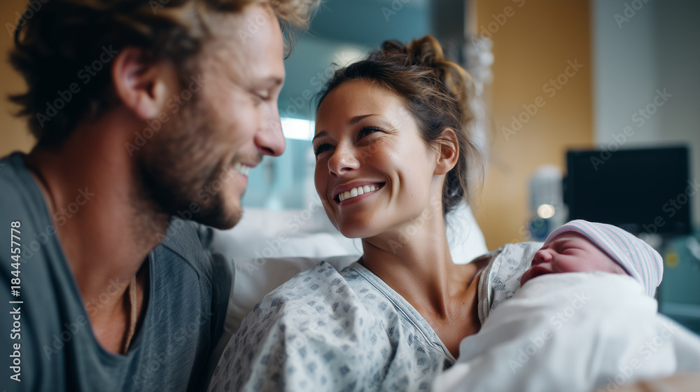 Fototapeta premium Parents holding newborn baby in hospital, tears of joy, warm hospital room, tender moment of love, with copy space