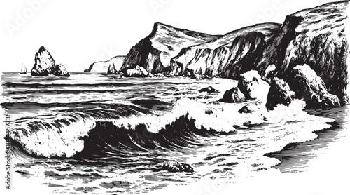 Ocean waves crashing on rocky coast. Black and white vector illustration showcasing cliffs and shoreline features.