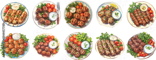 Watercolor Grilled Kofta Kebab on Plate Clipart Set