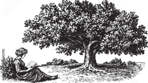 Woman reading a book under a large tree. Vintage black and white illustration featuring a serene outdoor scene in vector format.