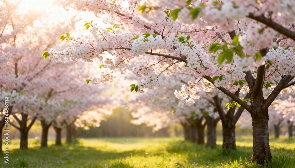 Fototapeta premium Ethereal spring scene with soft cherry blossom trees glowing under golden sunlight. Romantic, serene nature landscape perfect for travel, wellness, and seasonal content.