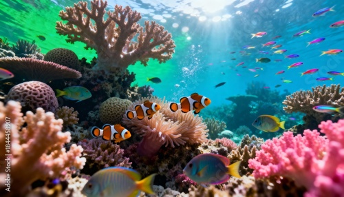 Fototapeta Naklejka Na Ścianę i Meble -  Vibrant tropical underwater scene featuring clownfish in their sea anemone home, surrounded by a lively coral reef and illuminated by bright sun rays from the surface.