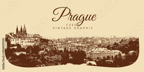City ancient architecture, Prague, Czech Republic. Vintage brown and beige graphics, engraved, vector. Old retro design.