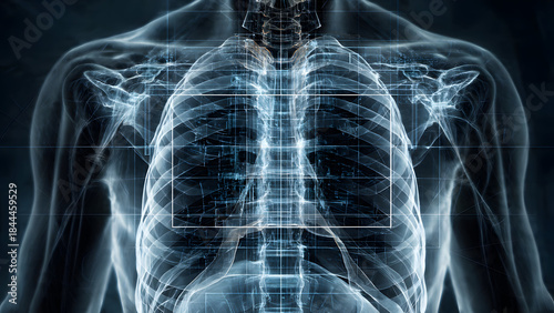 Ultra-realistic close-up of chest X-ray displayed with zoomed lung fields and grid overlays