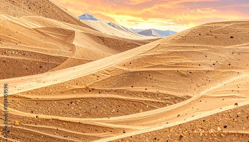 Fototapeta Naklejka Na Ścianę i Meble -  Expansive desert landscape featuring undulating sand dunes under a vibrant sky with distant mountains. Sand textures are visible
