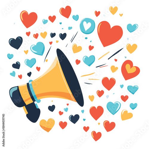 Amplifying Love Megaphone and Heart Icons for Social Media Engagement and Online Marketing on White Background , vector style simple color