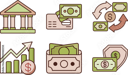 Cute Hand-Drawn Finance & Banking Icon Set: Bank Building, ATM Withdrawal, Currency Exchange, Growth Chart, Wallet, Secure Money Doodle Illustrations PNG