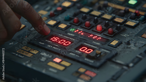Ultra-realistic control panel showing fictional error notification being acknowledged by hand