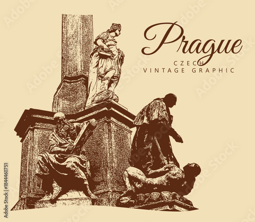 City ancient architecture, Prague, Czech Republic. Vintage brown and beige graphics, engraved, vector. Old retro design.