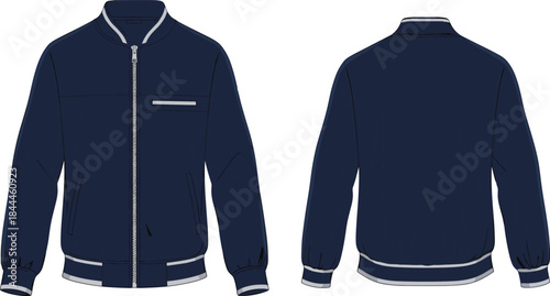 Men bomber jacket front and back technical illustration, navy blue zip outerwear fashion vector mockup