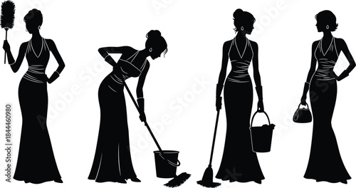 Elegant woman silhouettes performing housework and daily tasks, vintage domestic life illustration, feminine vector art