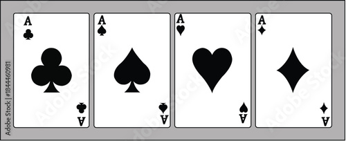 vector set of four aces- playing cards, gambling, poker, vector illustration Poker aces collection, four ace playing card icons isolated, spade heart club diamond suits, casino gambling symbol, blackj