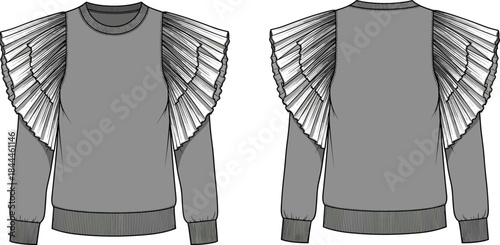 Fashion sweater technical illustration front back views, pleated ruffle shoulder sleeves, modern womens apparel design