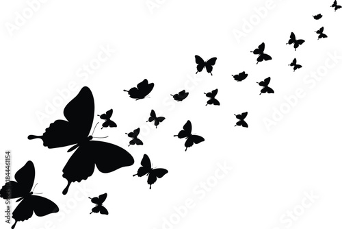A minimalist design of black butterfly silhouettes flying across a white background