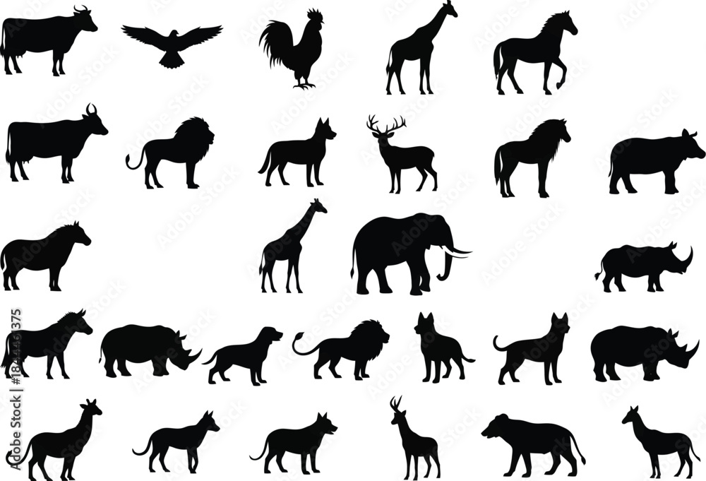 Fototapeta premium A collection of silhouettes featuring various domestic and wild animals