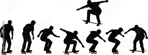 Skateboarder silhouettes performing jump trick sequence, skateboarding action motion, extreme sport illustration, black figures