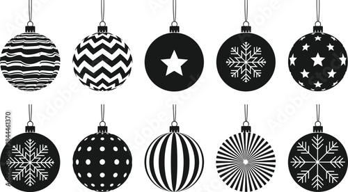 Christmas ornament silhouettes hanging set, black white holiday baubles patterns, festive decorations illustration icons, collection