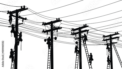 Electric line workers silhouettes repairing power poles, utility maintenance crew climbing ladders, electricity infrastructure illustration