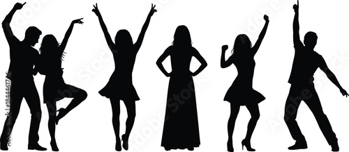 Dancing people silhouettes celebrating party, happy crowd poses, nightclub dance illustration, black human figures concept