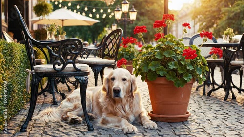 Establishing wide shot of an elegant empty outdoor bistro seating area where a patient golden retriever lies beside a potted plant and ornate chair daylight, wrought iron, vacant