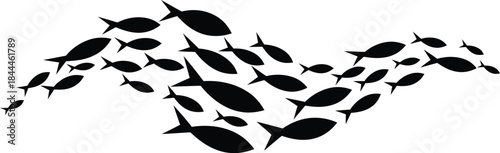 A large school of black fish silhouettes swimming together in a wave-like pattern on a white background.