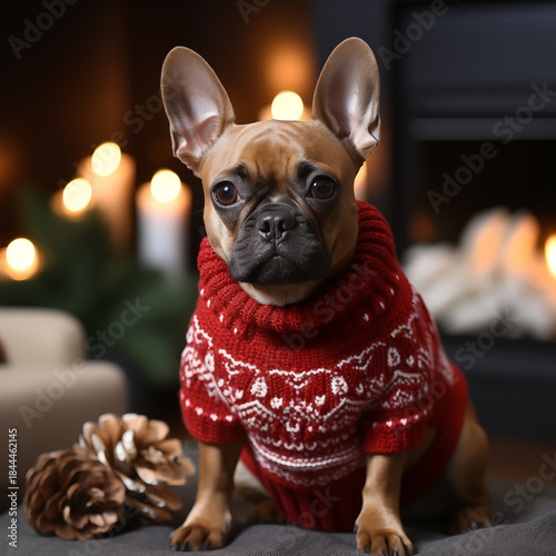 Cheerful Dog Dressed for Christmas at Home