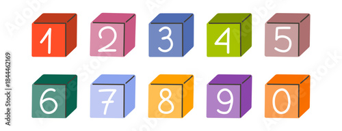 Set of colorful number blocks for kids learning. Cubes with numbers. For explore numbers through play, education, toys, posters, apps, and preschool design projects. Vector illustration