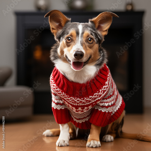 Cute Pet Dog Wearing Red Christmas Sweater 