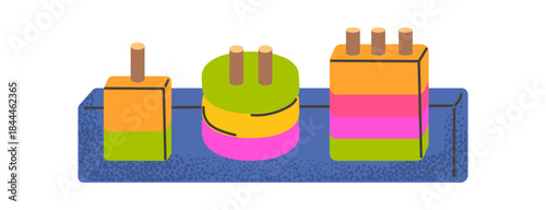 Colorful stacking toy illustration with bright shapes and details. Educational games for kids. For kids products, education materials, nursery design. Simple, modern and cheerful