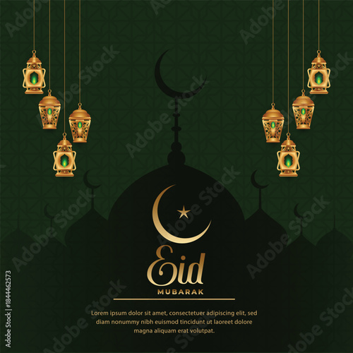 Islamic with golden lanterns for ramadan eid mubarak greeting  card