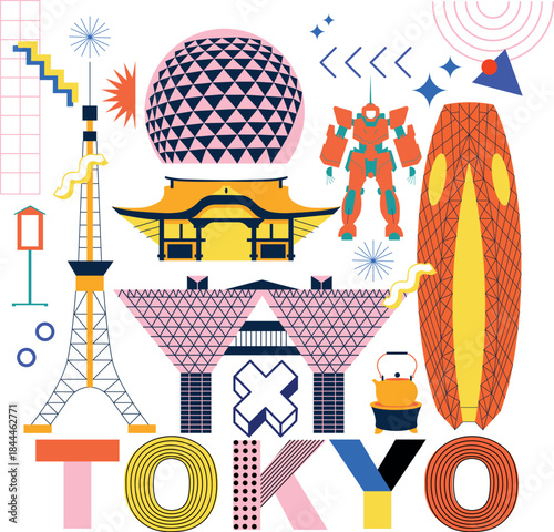 Typography word Tokyo branding technology concept. Collection of flat vector icons, culture travel set famous architectural, Memphis specialties detailed silhouette. Japanese landmark screen