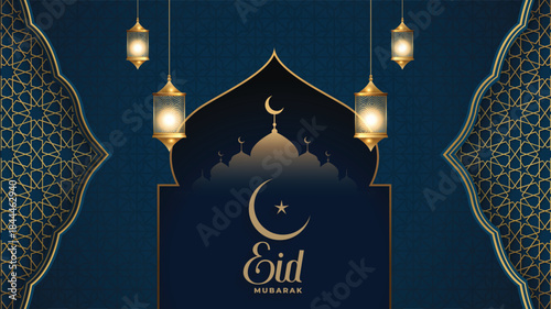 Islamic eid mubarak festival shiny glossy blue background vector