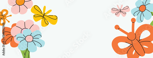 Cute butterflies and flowers balloon birthday banner. Background for children party. Fun kids design for birthday card, invitation, nursery decor or celebration poster