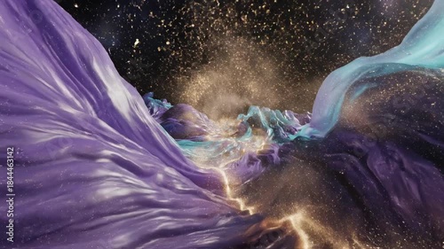Ethereal abstract flow resembling deep underwater cosmic currents where soft violet and turquoise marble textures gently drift with sparkling gold dust resembling, texture, design