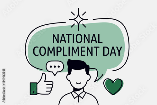 A person with a speech bubble celebrating National Compliment Day, surrounded by positive icons like a thumbs-up and a heart.