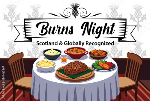 Illustration of a traditional Burns Night supper table with haggis, neeps, and tatties, celebrating Scottish culture and heritage.