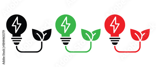 light bulbs with lightning bolts and leaves representing energy and nature-vector illustration