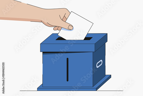 A hand casting a vote by dropping a ballot paper into a blue election box.