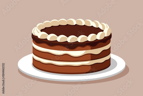 A delicious multi-layered chocolate cake with white frosting and chocolate ganache, decorated with swirls, served on a white plate.