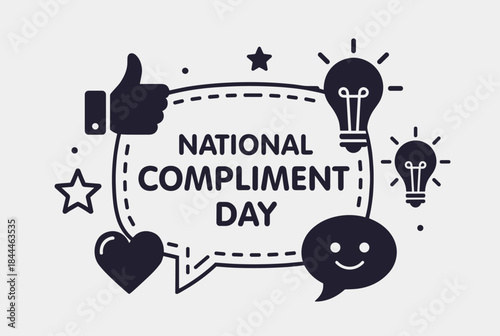 A black and white illustration celebrating National Compliment Day with speech bubbles, a thumbs-up, heart, stars, lightbulbs, and a smiley face.