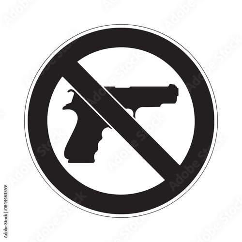 No weapons allowed A black and white prohibition sign depicting a handgun