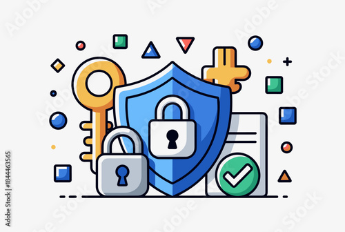 Digital security concept illustration featuring a shield, padlocks, keys, and a verified document, symbolizing data protection and privacy.