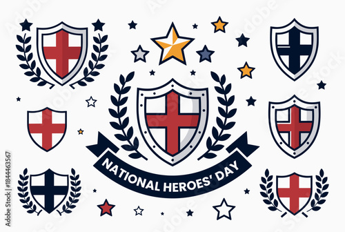 Vector illustration of heraldic shields with St. George's Cross, laurel wreaths, stars, and a banner for National Heroes' Day celebration.