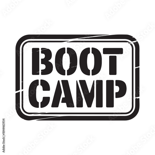 Bold black and white graphic design featuring the words boot camp in a rectangular frame