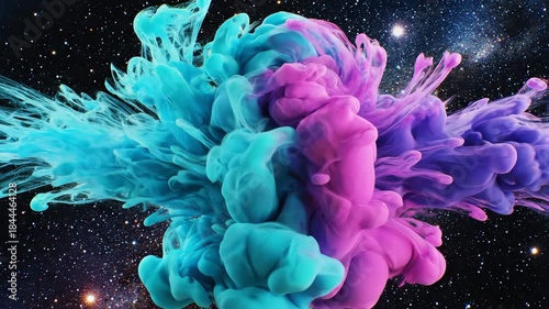 Ethereal abstract diffusion of thick neon turquoise and pink liquid ink blending slowly into a cosmic, otherworldly deep space atmosphere magenta, smoke effect, art