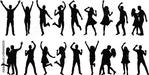 Celebration silhouette set, joyful human pose vector pack, editable, isolated, dancing, jumping, cheering, couple gestures, black icons