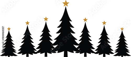 Christmas tree silhouettes, festive vector set, black trees with golden stars, editable, isolated, holiday design, symmetrical layout